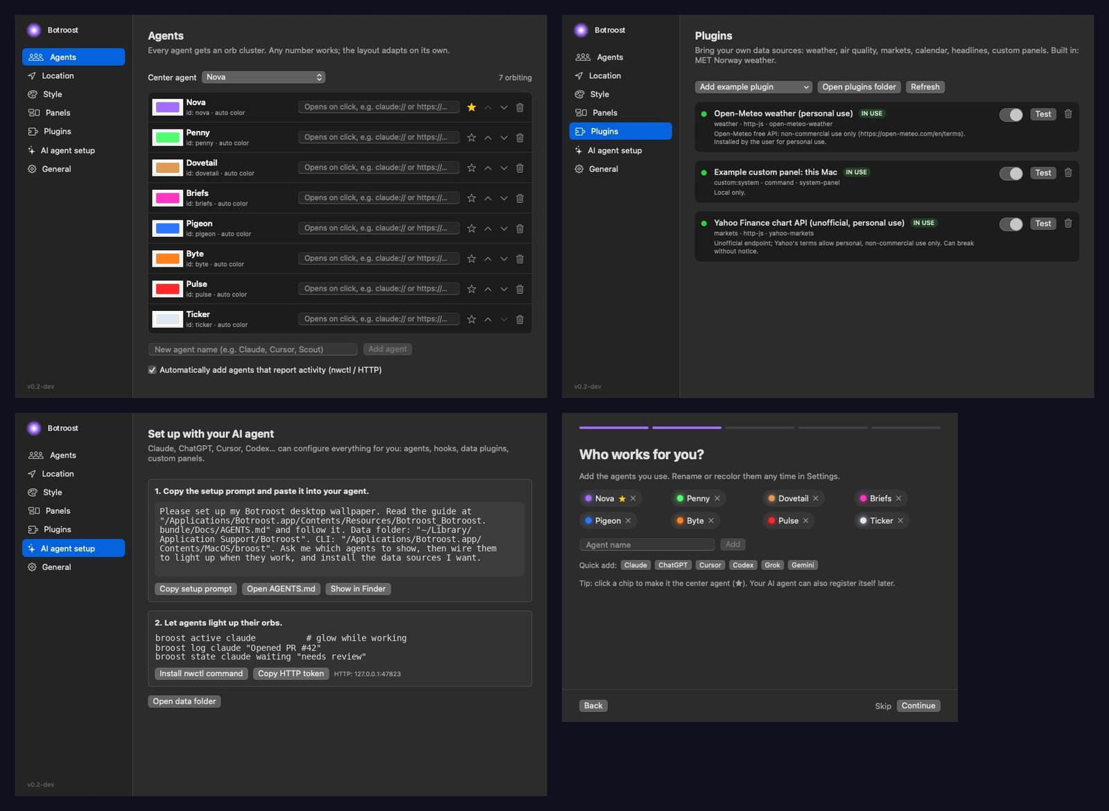 The Settings window: Agents list with colors and a center agent, Plugins, AI agent setup with copyable prompt and broost commands, and the onboarding step 'Who works for you?'